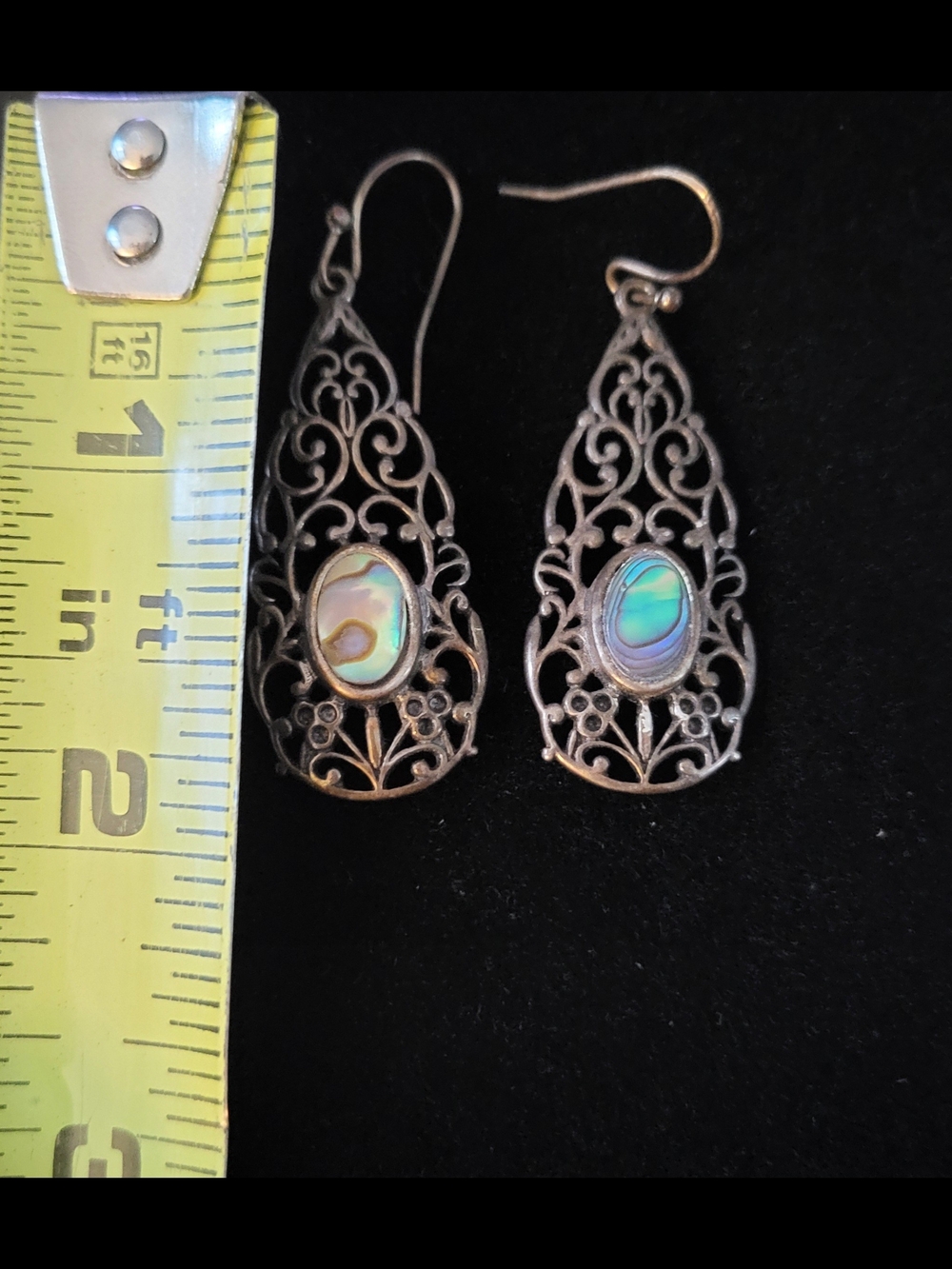 Vintage Boho, Art Deco, Delicate Filigree 925 Abalone Drop Earrings - Iridescent - Picture 4 of 5